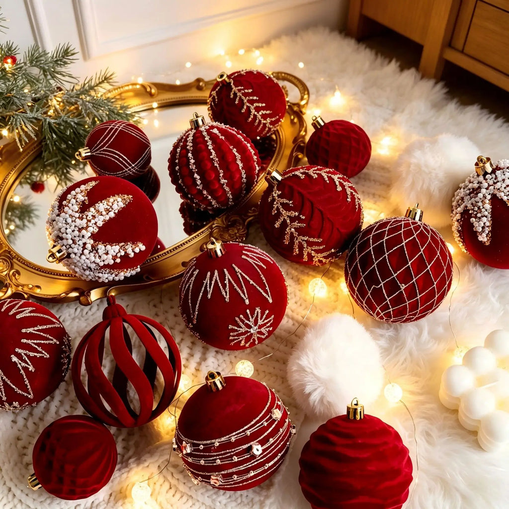 Conjunto de Enfeites de Natal em Veludo Borgonha, Bolas de Natal com Padrão de Glitter Dourado para Decoração de Árvore de Natal e Casa