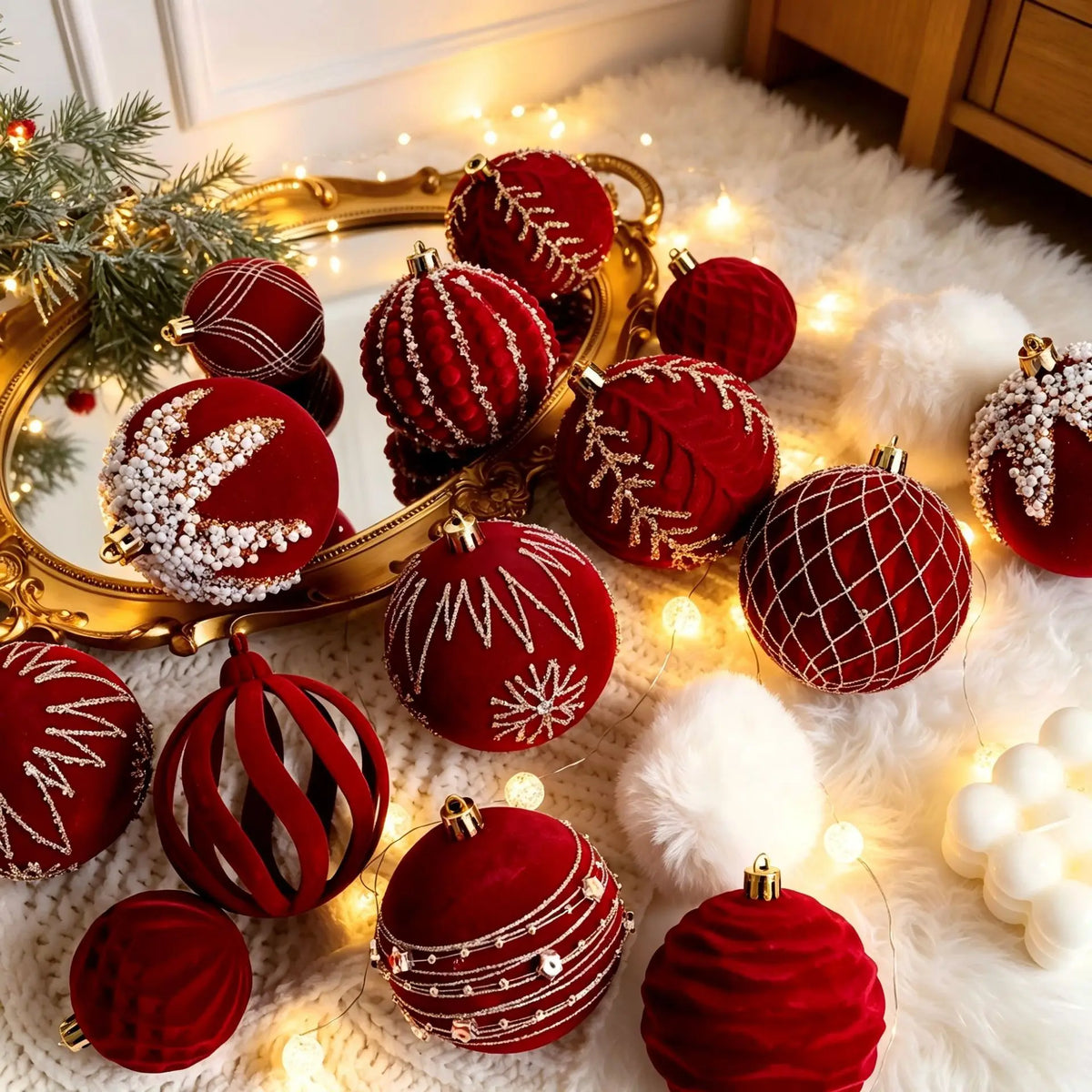Conjunto de Enfeites de Natal em Veludo Borgonha, Bolas de Natal com Padrão de Glitter Dourado para Decoração de Árvore de Natal e Casa