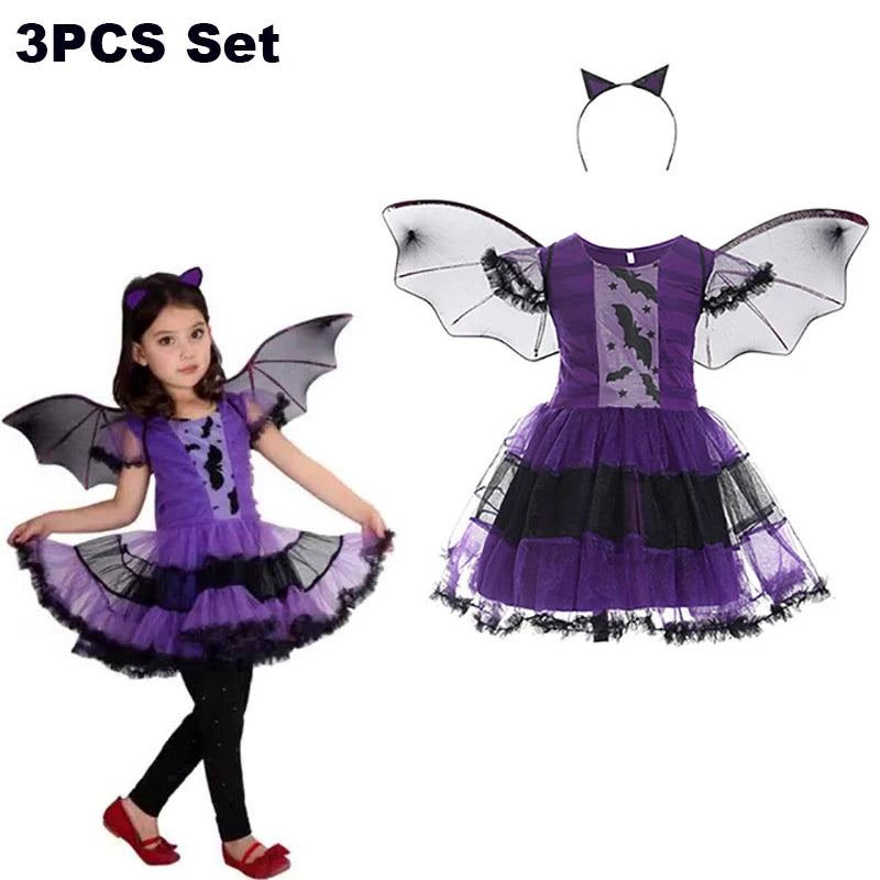 Fantasia de Personagem Vampiro Diabo para Meninas, Vestido de Tule Preto e Vermelho com Acessório de Chifre para Festa de Halloween