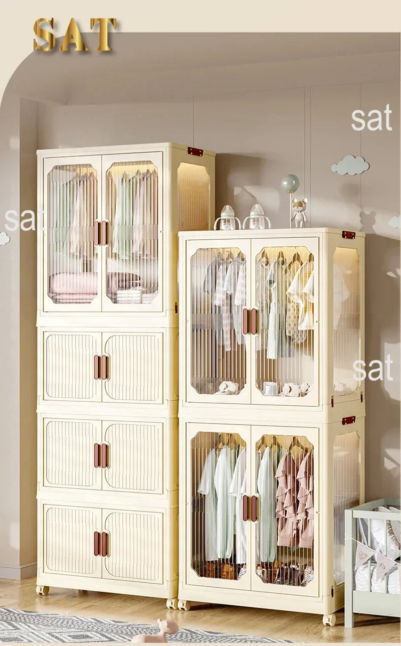 -Armário de armazenamento dobrável multicamadas com rodas, porta dupla, guarda-roupa, transparente, grande capacidade, organizador, prateleira