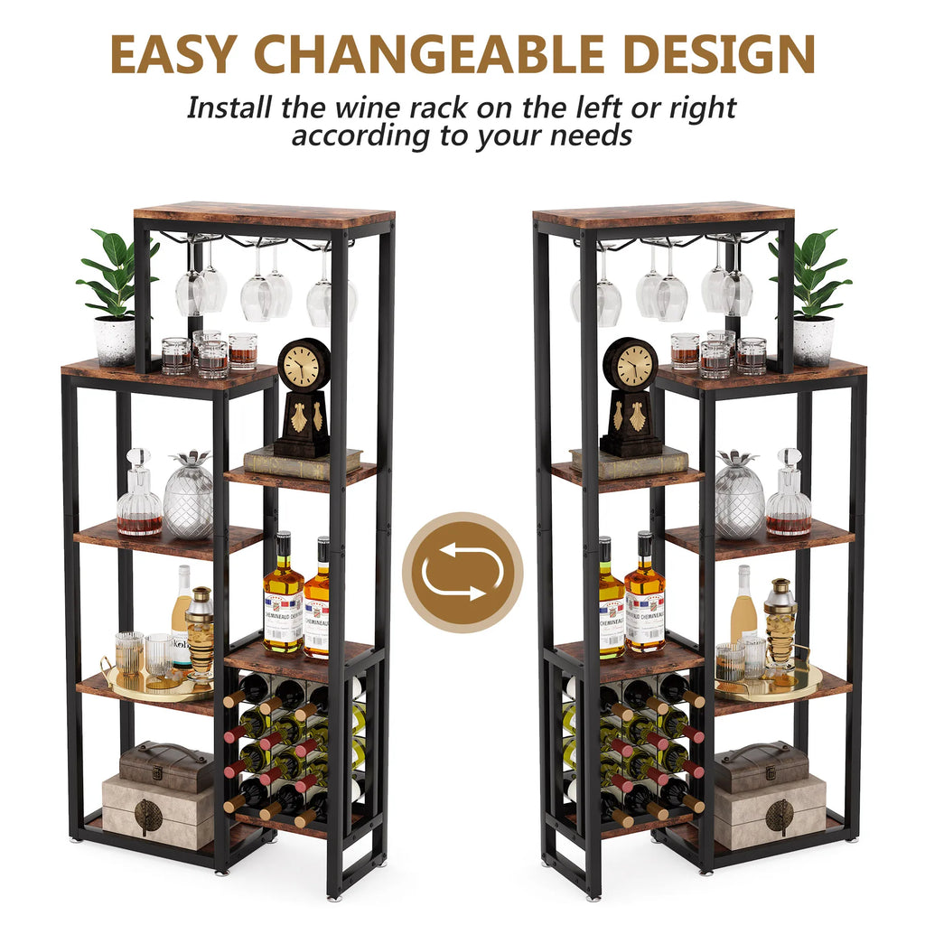 Cremalheira autônoma do vinho do assoalho das tribos com suporte de vidro e armazenamento do vinho, prateleira de exposição industrial do vinho, padeiro Rack, 5-Tier