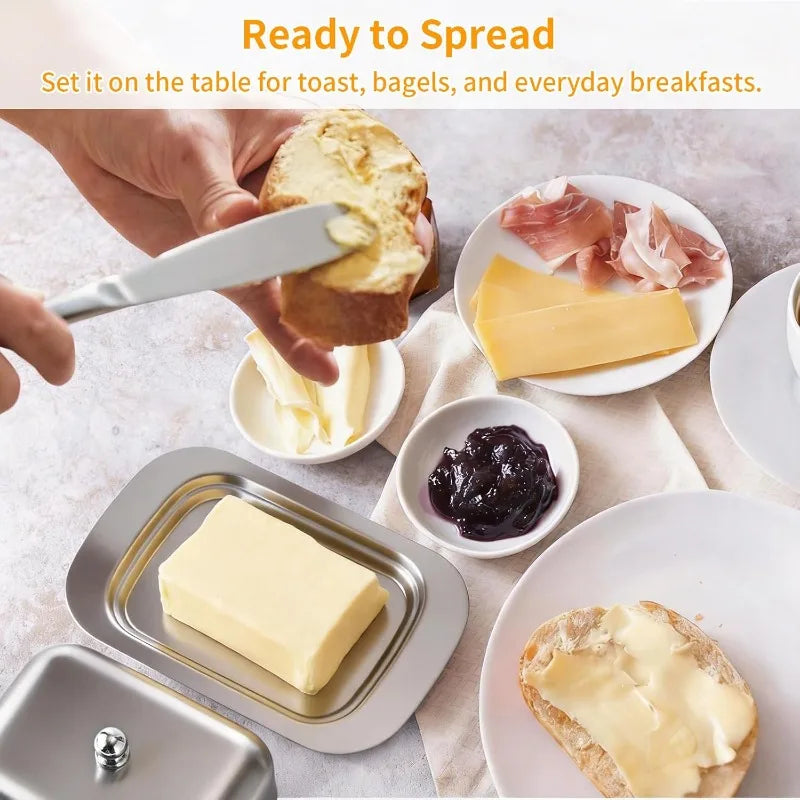 Prato de Manteiga em Aço Inoxidável, Bandeja de Queijo, Recipiente para Pão e Queijo, Bandeja Moderna Francesa para Servir Manteiga com Tampa e Alça