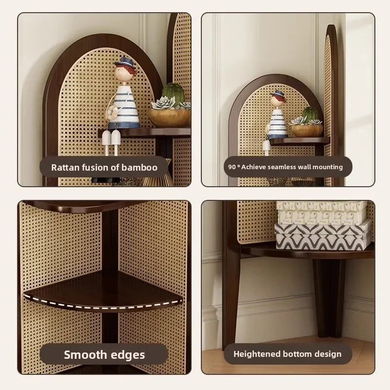 Estante Retro Triangular de Canto com Trama de Rattan para Sala de Estar, Divisória e Armazenamento para Quarto
