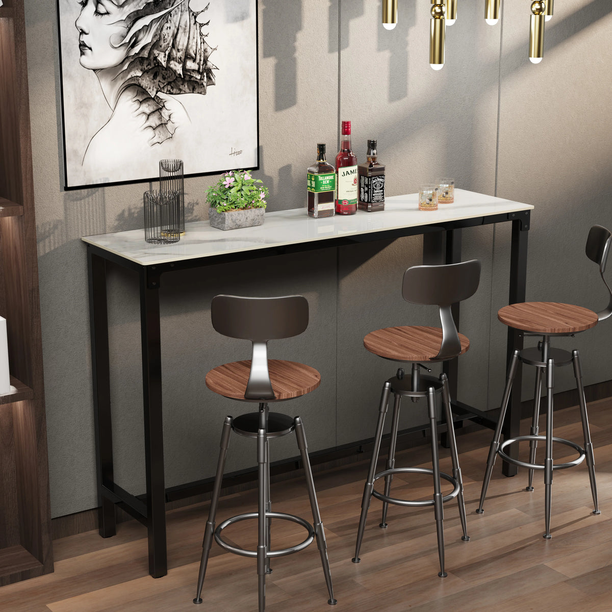 Retângulo sinterizado pedra bar mesa, alta Top Pub mesas, mesa de jantar com metal preto frame, contra altura, branco