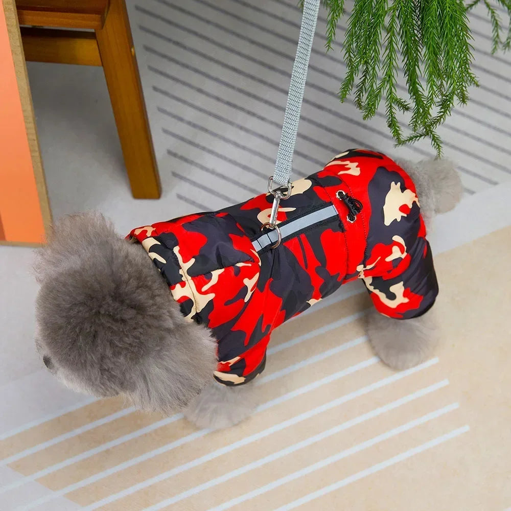 Casaco de cachorro quente espessado, 4 pernas, camuflagem, roupas para Yorkies malteses, snowsuit, cães pequenos, casacos de gato, buldogue Onesies, inverno