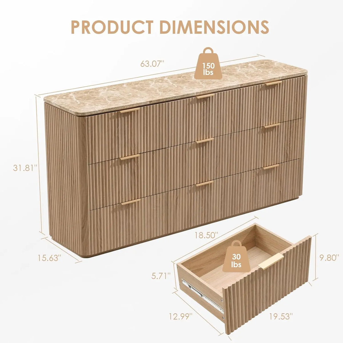 Cômoda com 9 Gavetas para Quarto, 63 Polegadas de Largura, Cômoda Moderna com Topo de Mármore Falso, Design com Cantos Arredondados, Personalizada