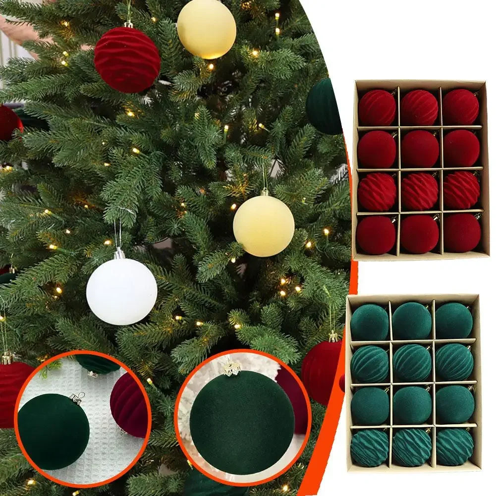 Conjunto de 12 Bolas de Natal de Veludo Flocado de 6CM, Bolas para Pendurar na Árvore de Natal, Acessórios de Decoração para Casa, Ano Novo 2026