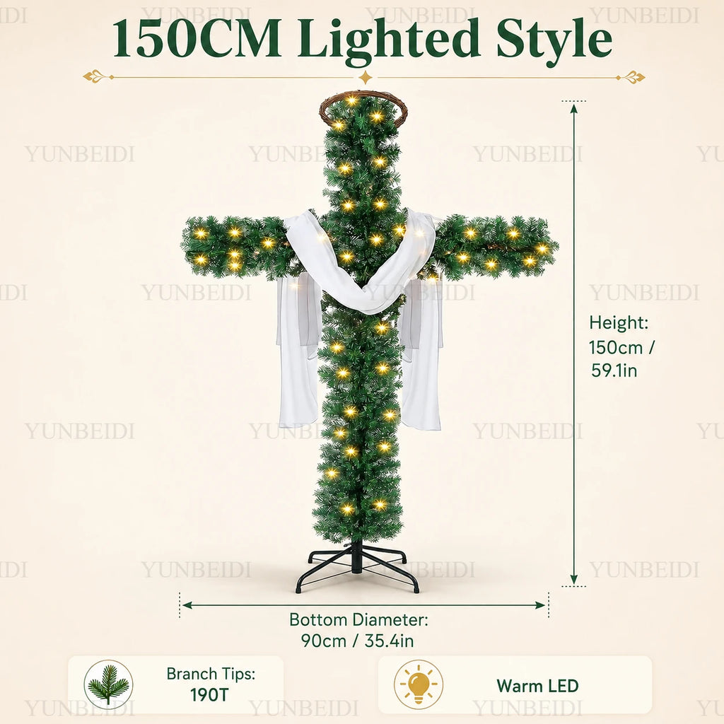 Decoração de Árvore de Natal em Forma de Cruz de 150/180cm com Luzes LED Quentes, Decoração Religiosa para Árvore de Natal, Jardim, Igreja e Festas