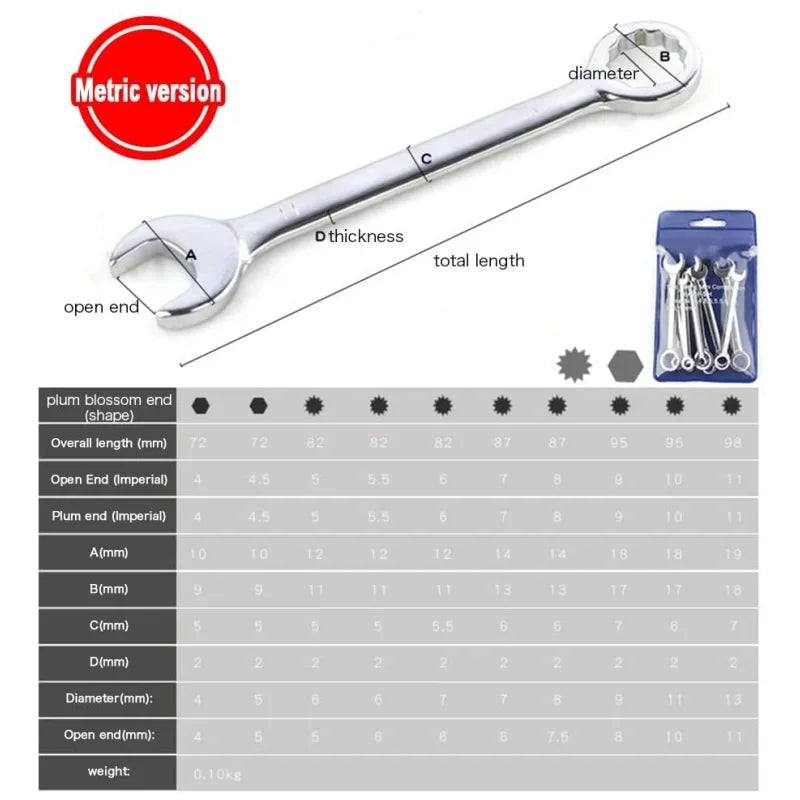 Novo 10 peças mini chave de extremidade aberta 4-11mm metrci/padrão imperial 45 #   Chaves de catraca de extremidade dupla de aço mini chave combinada