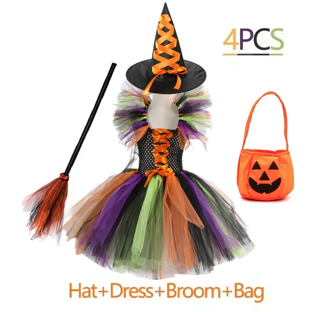 Crianças trajes de bruxa de halloween para meninas carnaval festa fantasia vestido crianças bruxas disfarce tutu roupa com vassoura chapéu