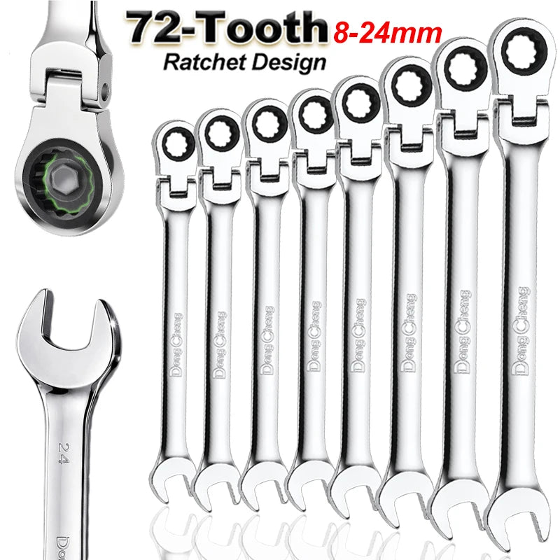 Chave Catraca Rotativa 180 Graus Chave Combinada de Boca Aberta 72 Dentes Aço Liga Cromado Espelhado 8-24mm Ferramenta Reparo Automotivo