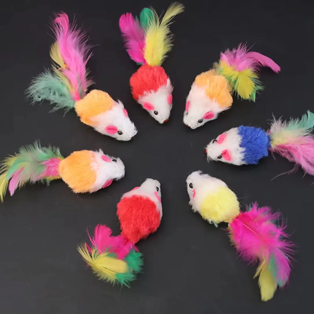 Brinquedos interativos para gatos, mouse falso de lã macia e fofa, pena colorida, brinquedo de treinamento engraçado para gatos, gatinho, suprimentos