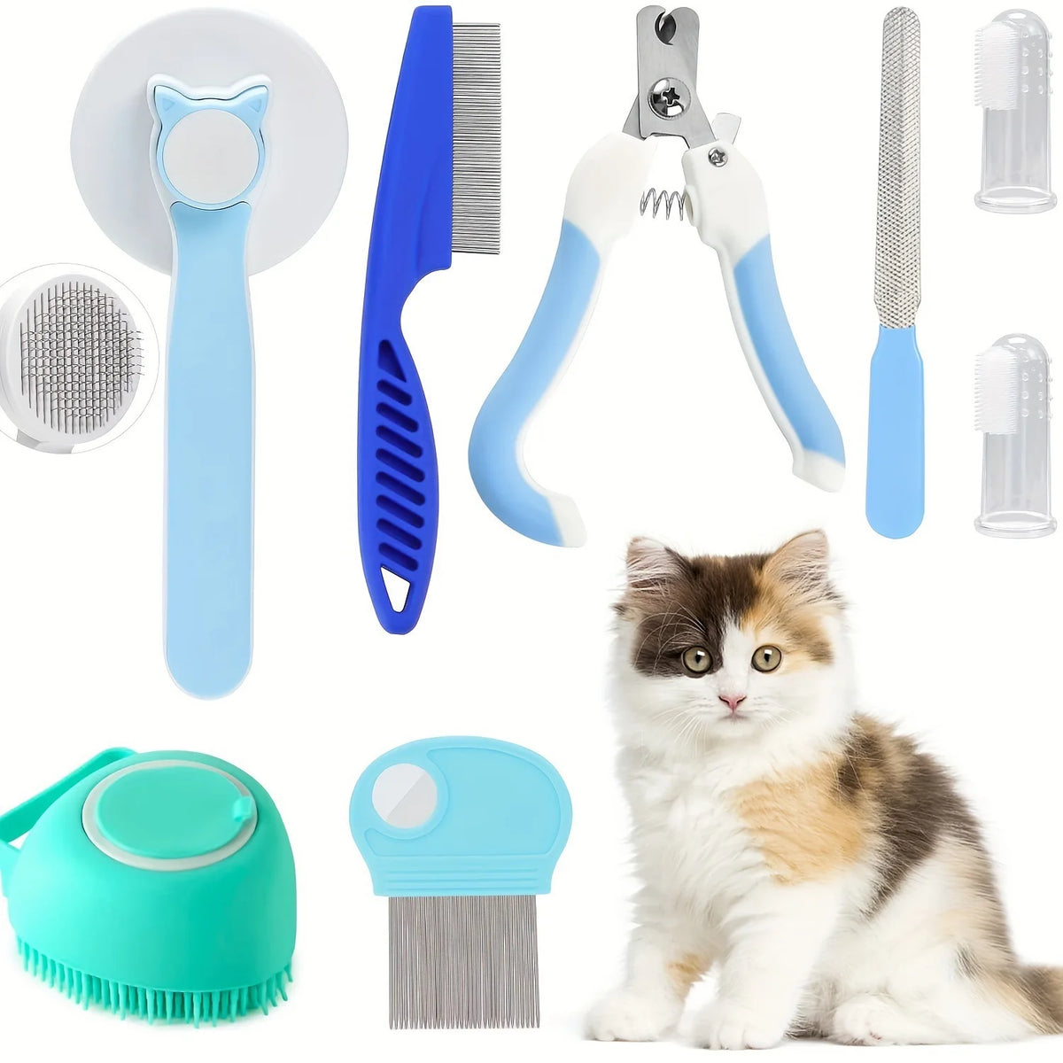 Kit de Beleza para Gatos com 8 Peças: Escova, Cortador de Unhas e Lixas, Kit de Higiene para Animais de Estimação, Pente Antipulgas