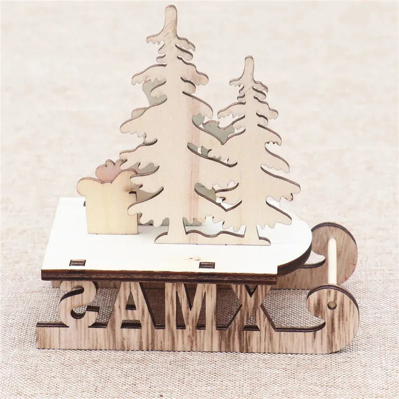 Decorações de natal de madeira diy trenó esqui dos desenhos animados santa ornamento de mesa presente das crianças pequeno presente