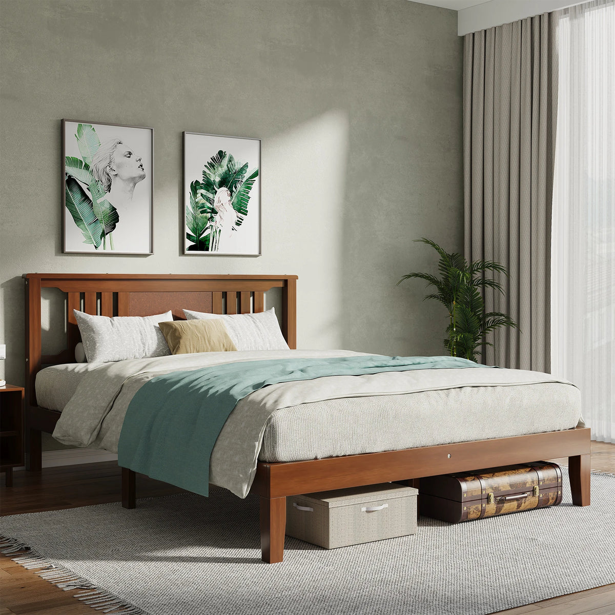 Cama de Plataforma MCQ com Estrutura de Madeira e Cabeceira, Suporte Robusto de Ripas de Madeira Maciça, Suporta até 800 lbs, Não Necessita de Box Spring, Montagem Fácil, Sem Ruído, Ideal para Móveis de Quarto