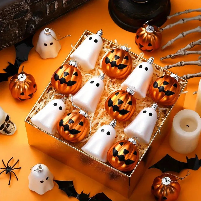 Enfeites Suspensos de Halloween: Fantasminha Branco Fofo e Abóbora Laranja, Decorações Mini de Plástico para Árvore de Halloween, Decoração de Festa