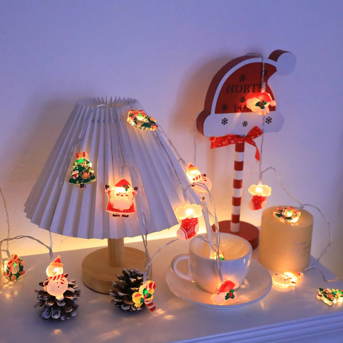 Luzes de corda de Natal LED, com Papai Noel/boneco de neve/cana de doces/meia de Natal/designs de flocos de neve, para festa de Natal/interior/árvore