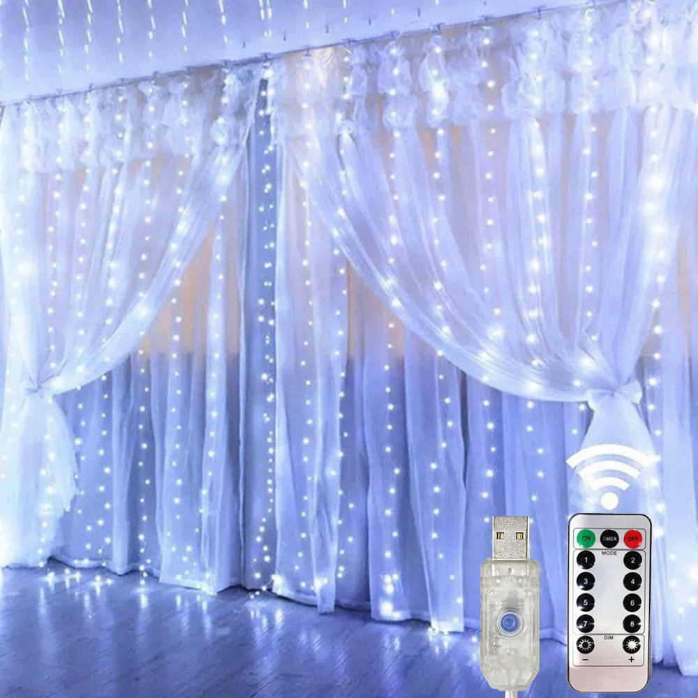 Luzes de Natal LED, Cortina de Luzes de Fada com 8 Modos, Controle Remoto USB, Decoração de Natal para Casa, Lâmpada de Ano Novo