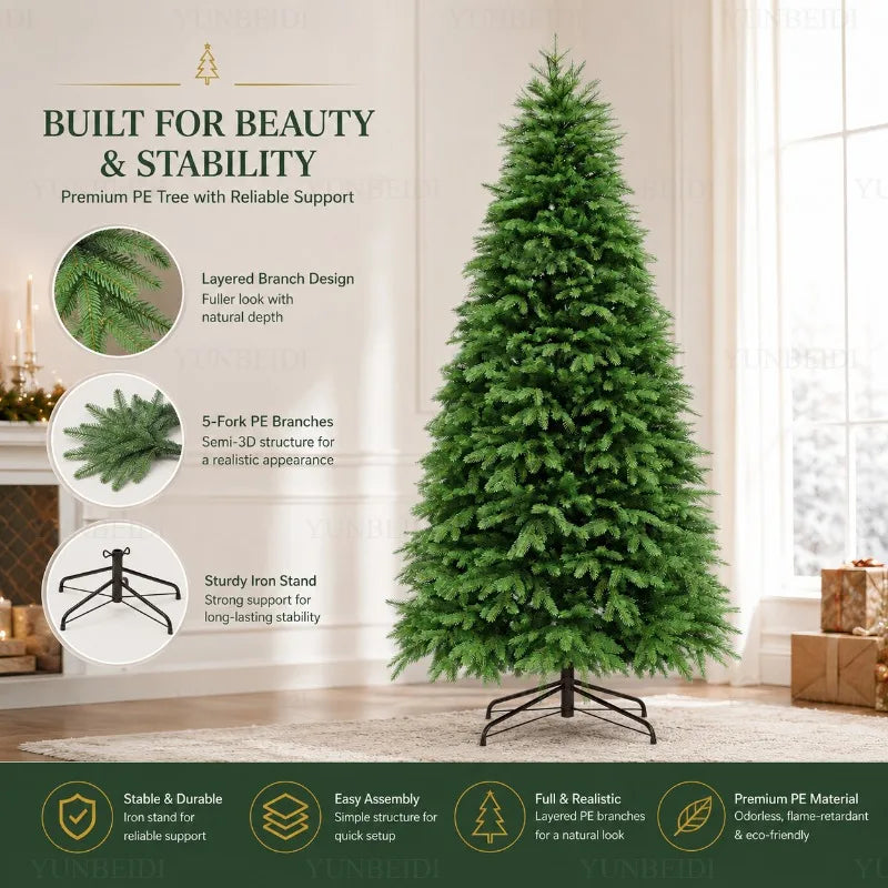 Árvore de Natal Artificial 100% PE com Luzes LED de Alta Qualidade, Grande Árvore de Natal de 1,2m a 2,4m para Decorações de Natal em Casa