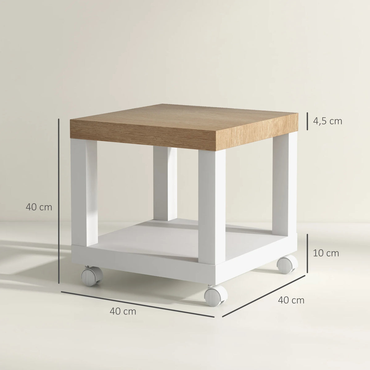 Mesa Lateral Homcom com Rodas e Prateleira Aberta para Sofá, Sala de Estar e Quarto 40X40X40 cm Natural e Branco