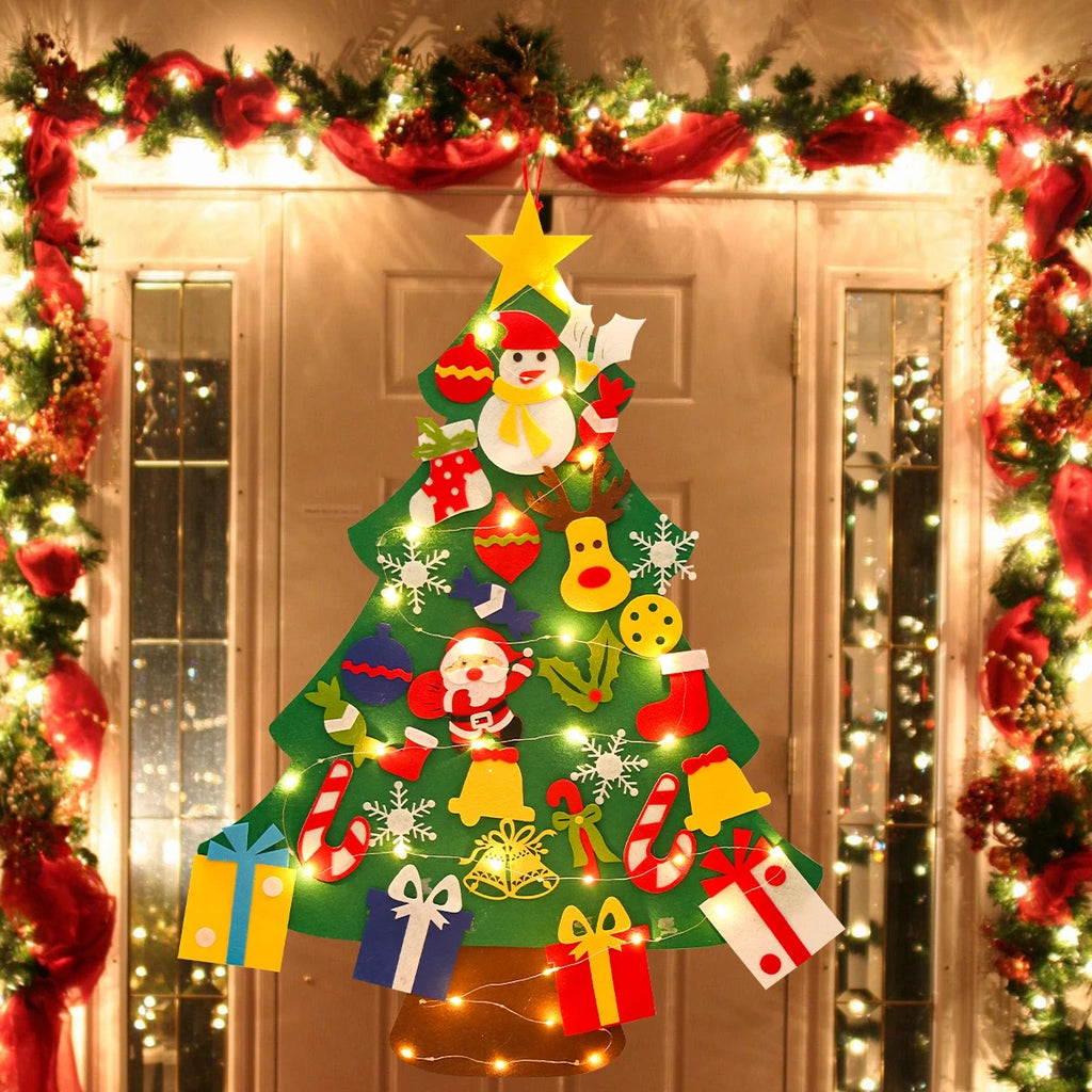 DIY sentiu a árvore de Natal com luz, decorações do Feliz Natal para a casa, ornamentos da árvore do Natal, presente do ano novo, 2024