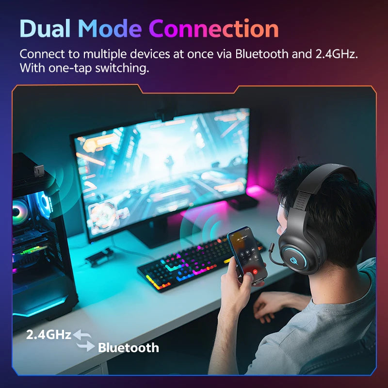 QCY Heroad V200 Over Ear Headphones 50mm Driver 7.1 Surround Sound Headset Wireless Bluetooth 6.0 Earphones for PC Laptop PS4/5
