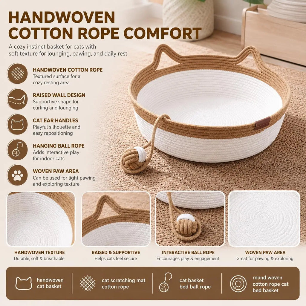 Cesto Cat Instinct - Cama Divertida de Corda de Algodão Tecida à Mão, Equipada com uma Cauda de Brinquedo