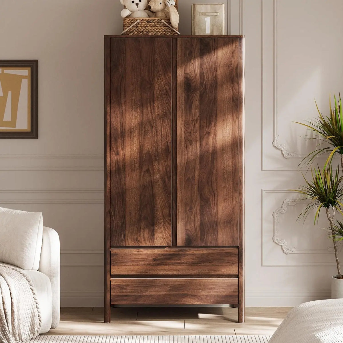 Guarda-Roupa Moderno de Nogueira com 2 Portas e 2 Gavetas, 180 cm de Altura, Armário de Quarto com Puxadores Ocultos, Armazenamento de Madeira Independente