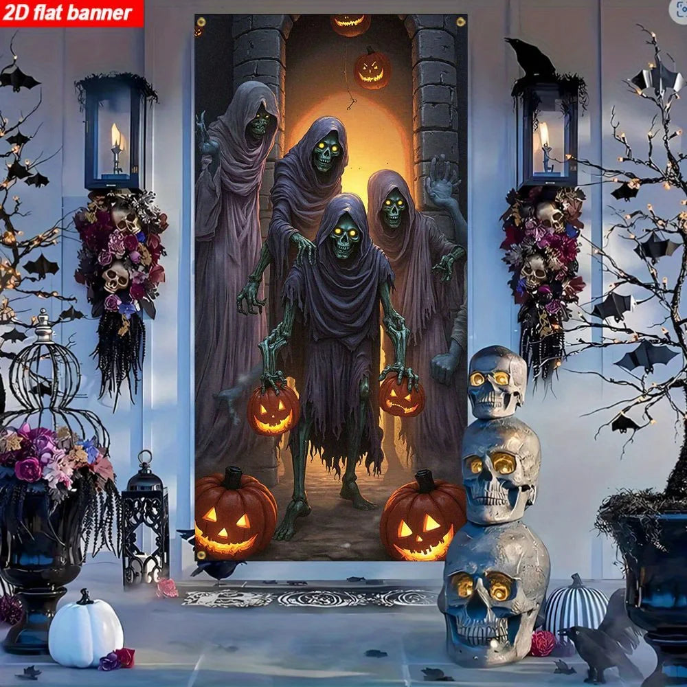Um item, um banner plano 2D, com tema de Halloween, apresentando fantasmas assustadores, caveiras e decorações de abóbora para uma festa.