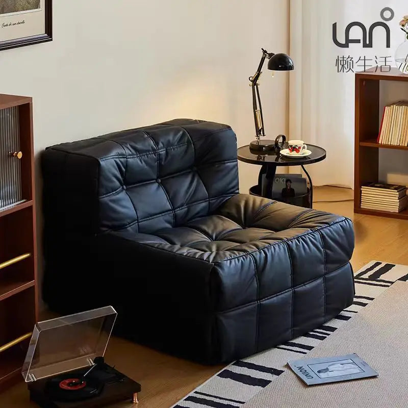 Sofá Preguiçoso Sem Estrutura de Tecido Waffle Compressível, Chaise Longue Individual Tipo Puff para Sala de Estar e Quarto