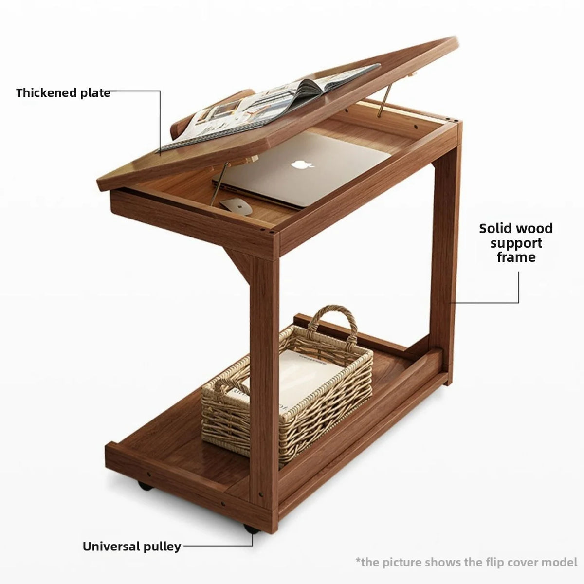 Mesa de centro móvel de madeira maciça, prateleira de armazenamento para sala de estar, mesa lateral dobrável para sofá de sala de estar, mesa de cabeceira de madeira maciça para quarto