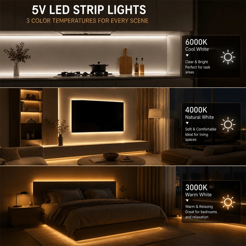 Fita de LED COB com toque regulável, fita adesiva flexível para sala de estar, quarto, guarda-roupa, iluminação de fundo para TV