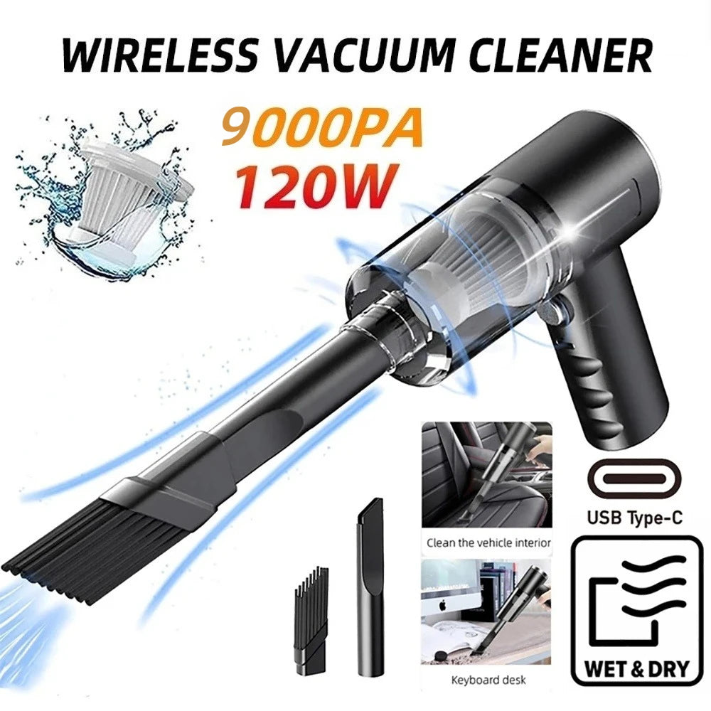 Aspirador de Carro Sem Fio 9000Pa com Carregamento USB 1200mAh, Aspirador Portátil Mini Úmido e Seco para Uso Doméstico