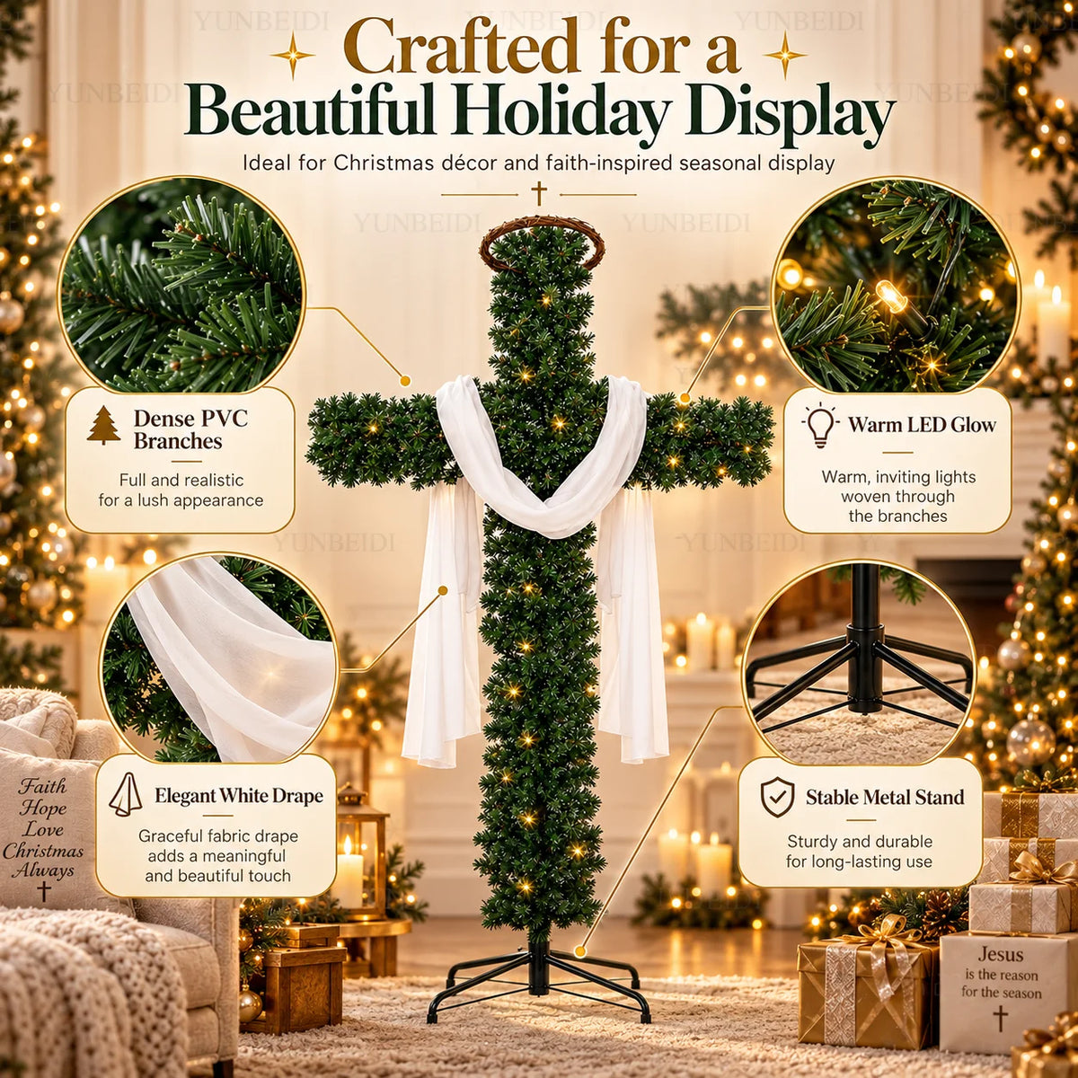 Decoração de Árvore de Natal em Forma de Cruz de 150/180cm com Luzes LED Quentes, Decoração Religiosa para Árvore de Natal, Jardim, Igreja e Festas