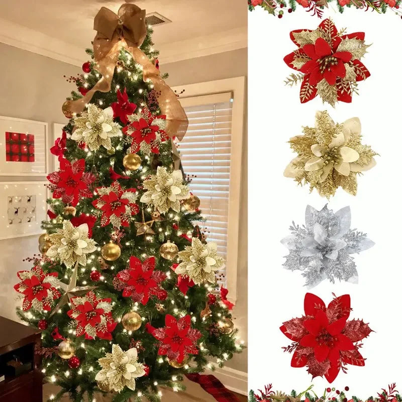 Natal glitter flores artificiais árvore de natal pendurado ornamentos flor falsa para casa 2025 natal ano novo 2026 navidad presente