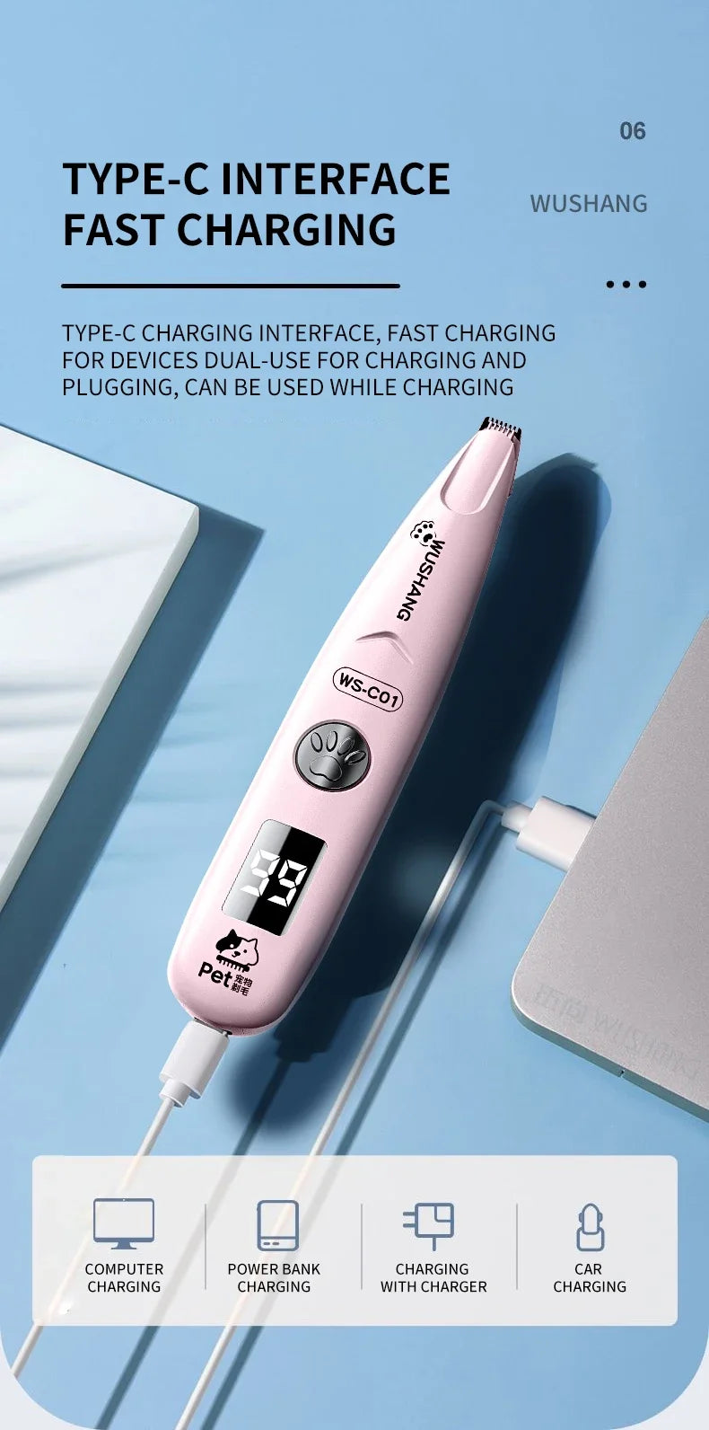 Aparador Elétrico para Cães com Luz LED, Impermeável, Aparador de Pelos para Patas de Animais de Estimação, Baixo Ruído, para Rosto, Patas, Orelhas e Pelos de Gato e Cão