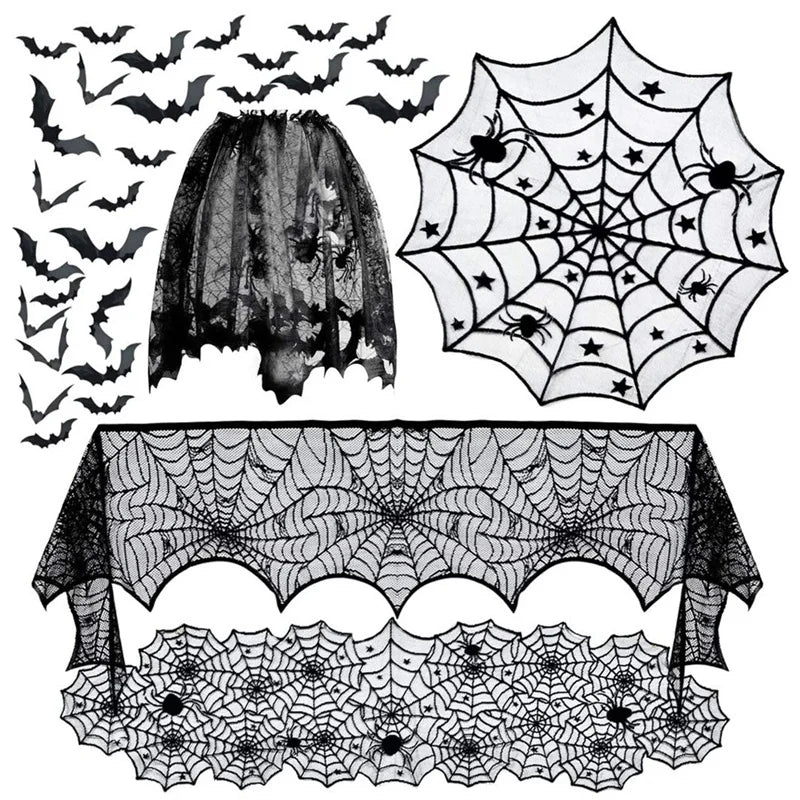 Kit de Decorações de Halloween: Toalha de Mesa com Teia de Aranha, Caminho de Mesa, Decoração para Lareira, Toalha de Mesa com Renda e Teia de Aranha, Decoração para Festa de Halloween - Kasa & Pet