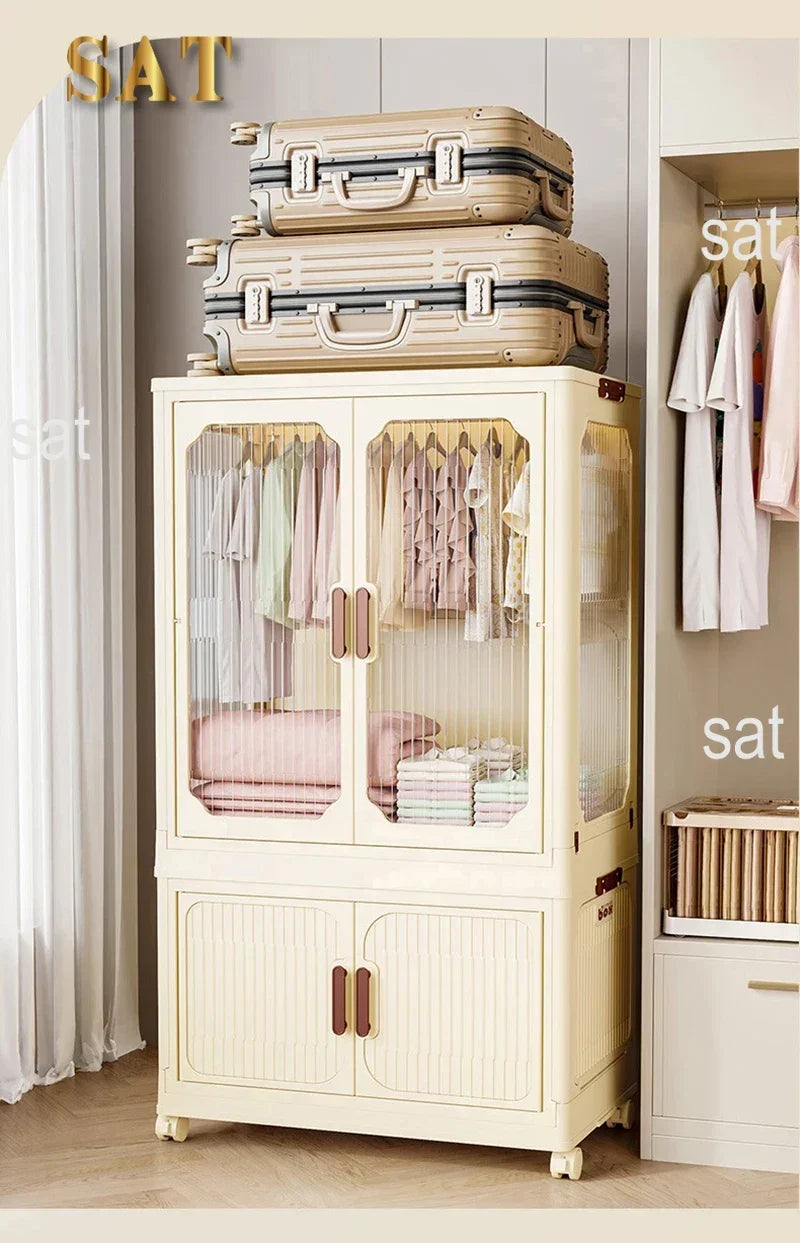 -Armário de armazenamento dobrável multicamadas com rodas, porta dupla, guarda-roupa, transparente, grande capacidade, organizador, prateleira