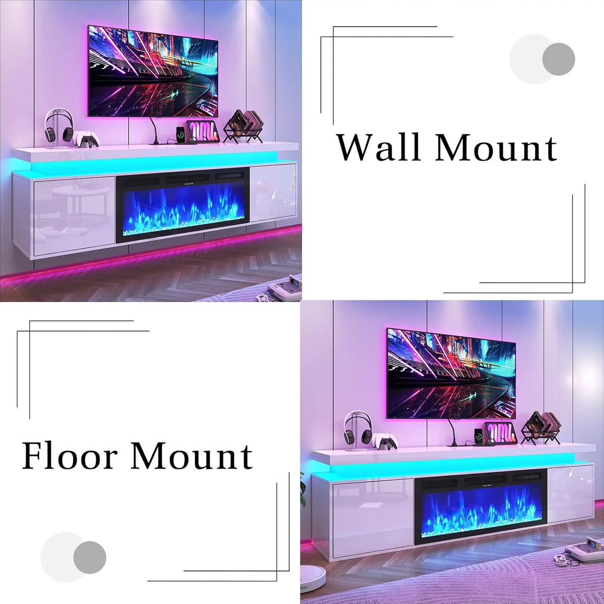 Suporte de TV Flutuante de 70 polegadas com Lareira de 36 polegadas para TVs de até 80 polegadas, Centro de Entretenimento com Lareira LED de Alto Brilho, Personalizável