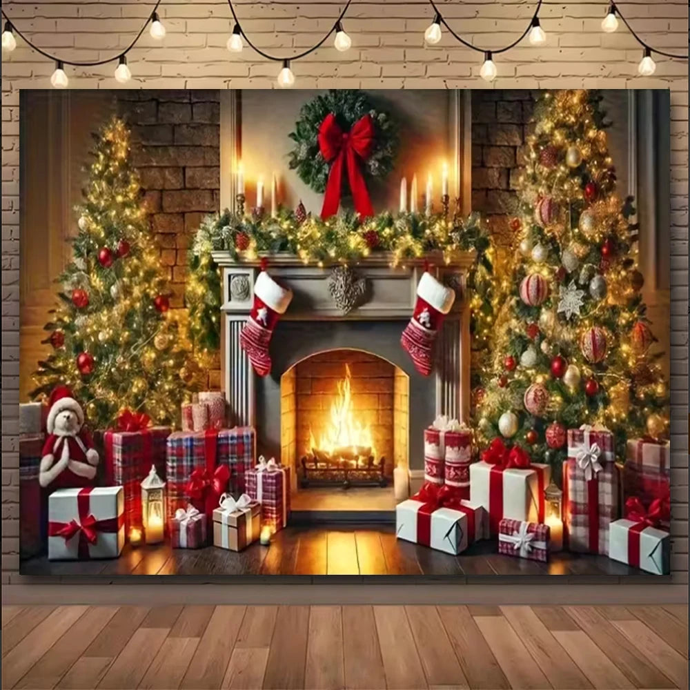 Natal inverno fundo vintage lareira festa decoração crianças photo studio suprimentos árvore de natal lanternas cenário nevado