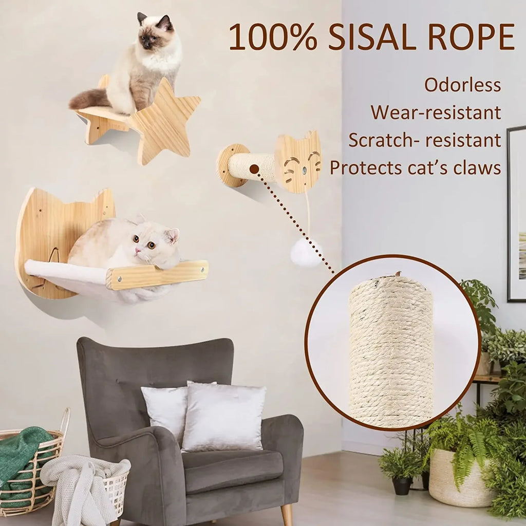 1pcCat Coçar Escalada Post Wall-montado Cat Hammock Bed Pet Móveis Kitten Wall Shelf Set Cat Perch Madeira Cat Tree House