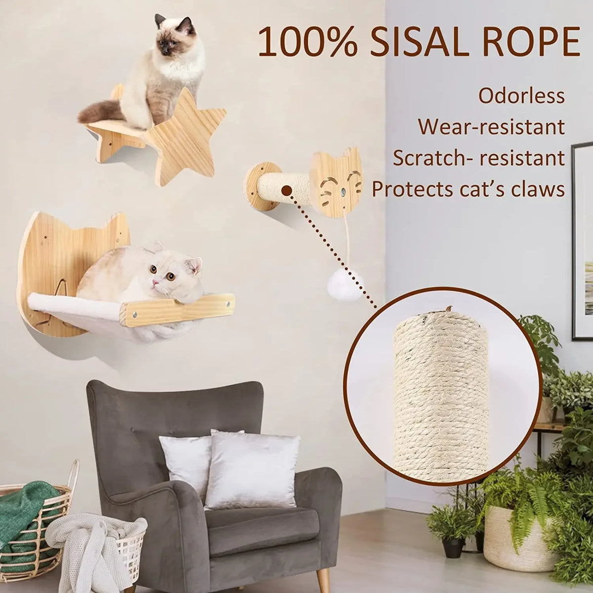 1pcCat Coçar Escalada Post Wall-montado Cat Hammock Bed Pet Móveis Kitten Wall Shelf Set Cat Perch Madeira Cat Tree House
