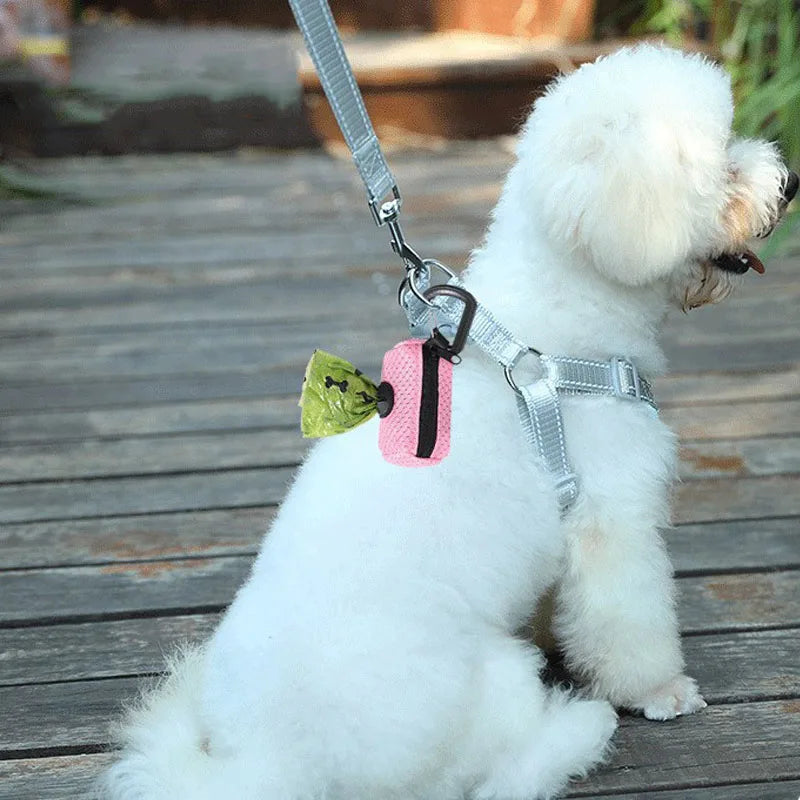 Saco de armazenamento para cocô de animais de estimação, dispensador de tecido de malha, coleira, saco de resíduos, suprimentos para animais de estimação para atividades ao ar livre