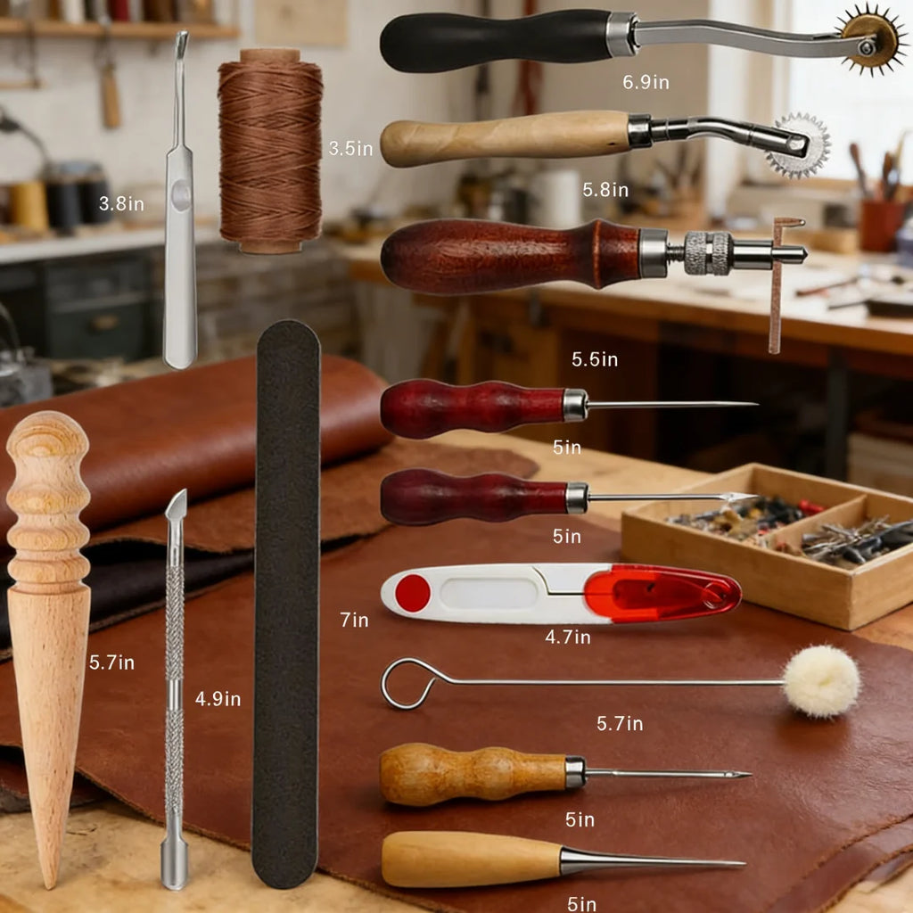 Kit de Ferramentas para Artesanato em Couro, Kit de Reparo e Costura Manual em Couro, Conjunto Profissional de Ferramentas DIY para Costura, Punção, Entalhe e Sulcagem