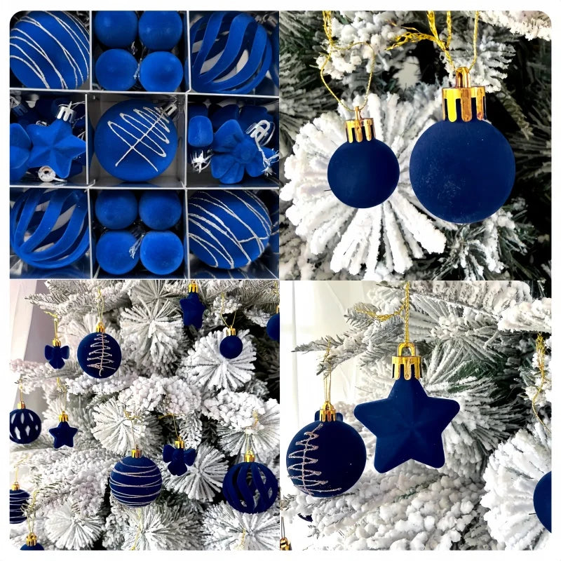 Conjunto de 35 bolas de Natal, enfeites para pendurar na árvore de Natal, veludo azul royal, formatos variados, decoração para festas de fim de ano.