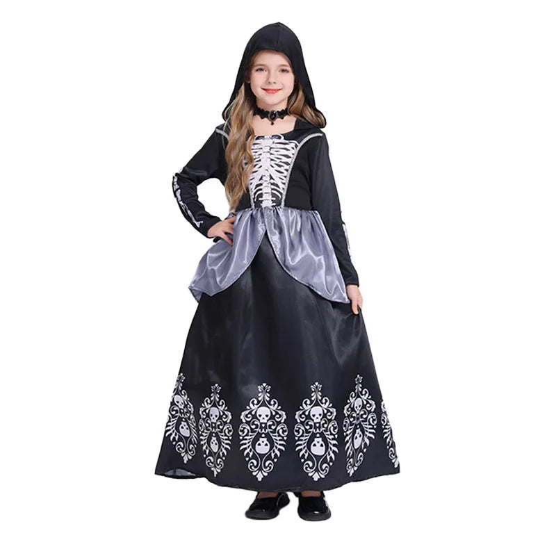 Vestido clássico de bruxa preta para meninas, fantasia de halloween com chapéu pontudo e acessórios de vassoura, fantasia de bruxa elegante para meninas