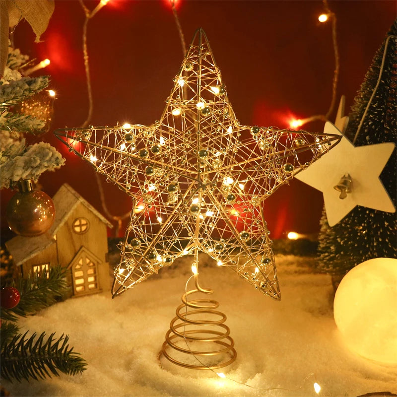 Estrela de Natal para Árvore com Luzes de Fio de Pérola Dourada e Prateada, Decoração de Árvore de Natal, Decoração de Casa para o Ano Novo, Enfeites de Natal.
