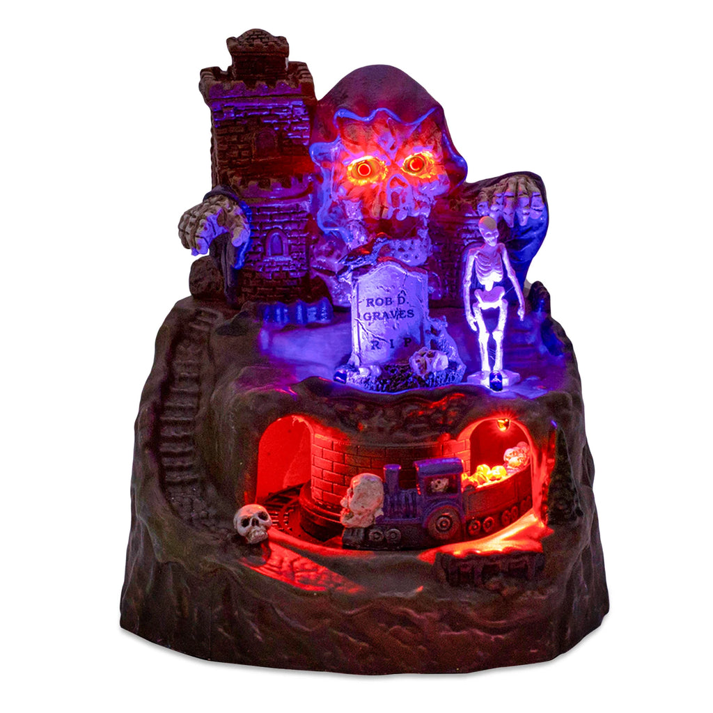 Decoração animada de casa de vila de Halloween com trem em movimento pré-iluminado música crânio fantasmas lápidas estatuetas atmosfera de festa assustadora