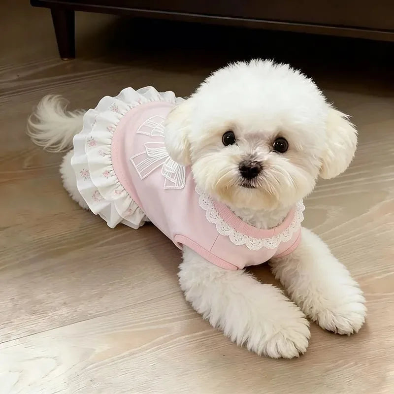 Vestido de Primavera/Verão para Pets, Fino, Rosa, com Laço, Saia Fofa, Roupa Respirável para Cães e Gatos Pequenos, Bichon, Schnauzer, Uso Diário
