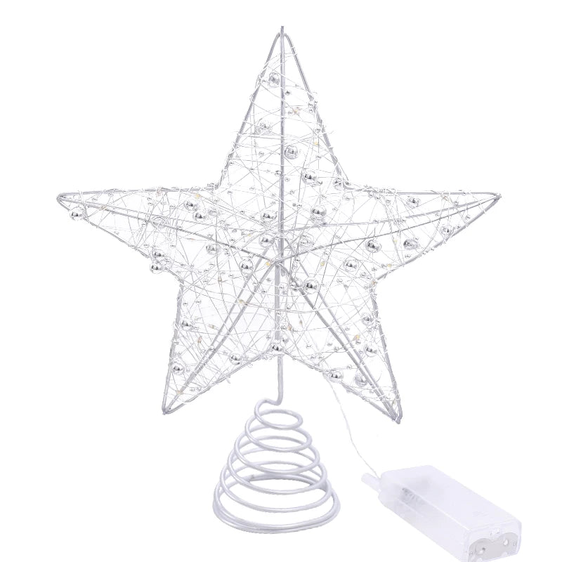 Estrela de Natal para Árvore com Luzes de Fio de Pérola Dourada e Prateada, Decoração de Árvore de Natal, Decoração de Casa para o Ano Novo, Enfeites de Natal.